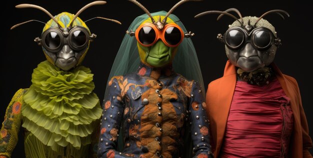 Foto tres personas disfrazadas de insectos con gafas en ai
