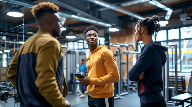Tres personas estan hablando en un gimnasio todas llevan ropa deportiva y parecen que estan a punto de hacer ejercicio. Imagen Premium generada con IA