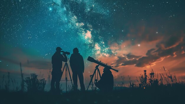Foto tres personas están mirando el cielo nocturno