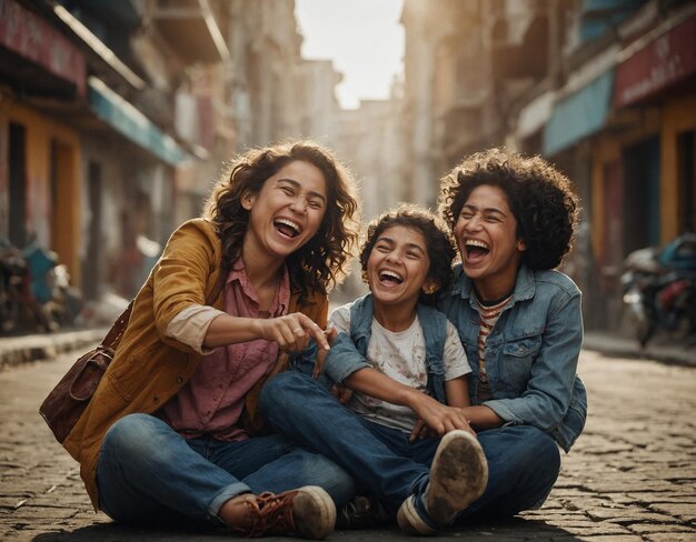 tres personas están sentadas en una calle con una de ellas tiene una sonrisa en la cara