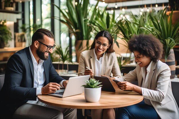 tres personas están sentadas en una mesa con computadoras portátiles y una planta en el fondo