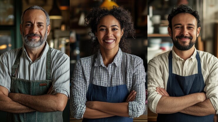 Tres personas están sonriendo para la cámara con una de ellas usando un delantal
