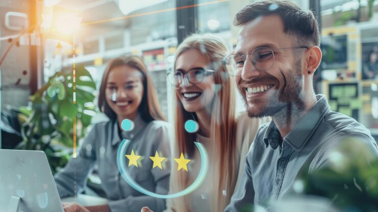 Tres personas están sonriendo por la satisfacción excepcional del servicio y la retroalimentación positiva