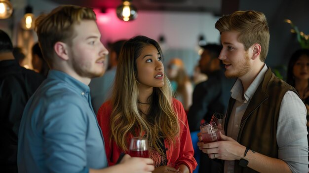 Tres personas están teniendo una conversación en una fiesta Todos están sonriendo y parecen estar disfrutando