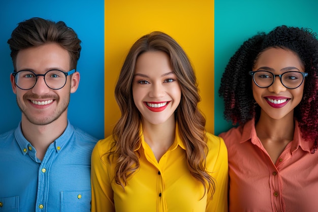 Tres personas con gafas están sonriendo para la cámara y uno está usando una camisa amarilla y el