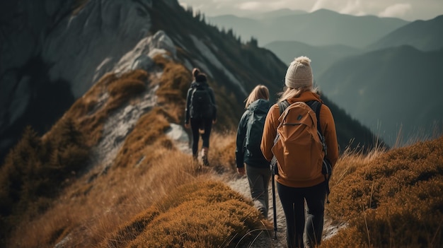 Tres personas haciendo senderismo en la montaña, una de ellas lleva una mochila.