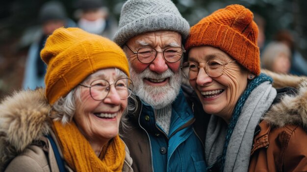 Tres personas mayores con sombreros y gafas paradas juntas ai