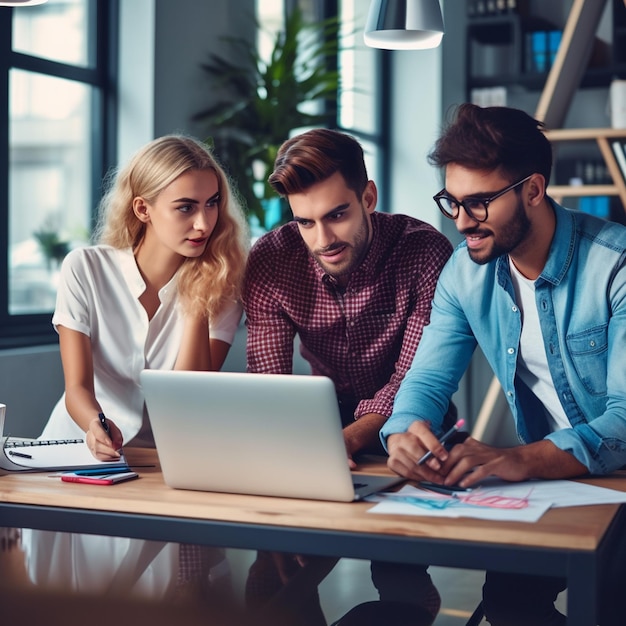 Tres personas mirando una computadora portátil en una oficina brillante