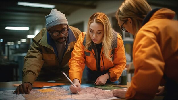 Tres personas mirando un mapa con las palabras 'somos la gente'