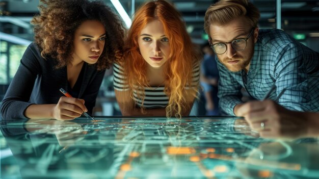 Foto tres personas mirando una mesa con un mapa en ella