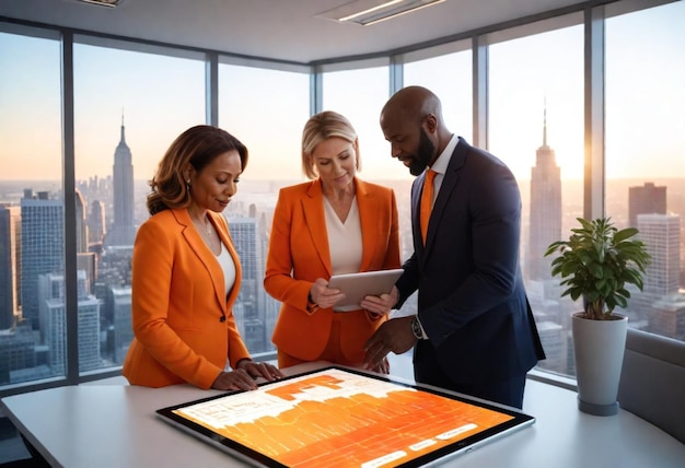 Foto tres personas mirando una tableta en una habitación con un horizonte de la ciudad en el fondo