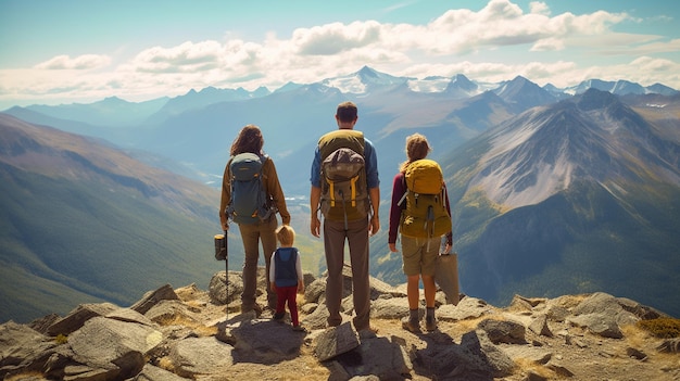 Tres personas de pie en la cima de una montaña con mochilas en ai generativo