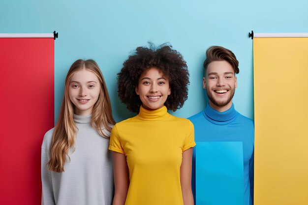 Tres personas de pie frente a una pared colorida con un fondo azul amarillo y rojo y un azul