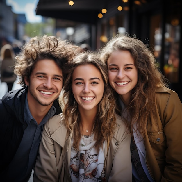 tres personas posando para una foto y uno de ellos tiene una foto suya