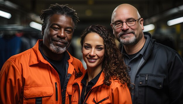 tres personas posando para una foto con una que lleva una chaqueta naranja