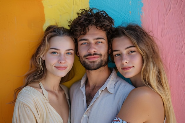 Tres personas retratadas en un telón de fondo colorido que encarna la idea de relaciones abiertas