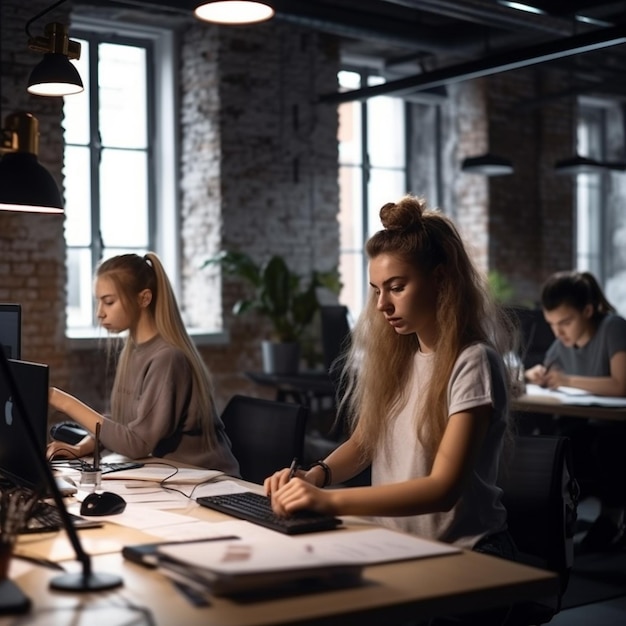 Tres personas sentadas en un escritorio en una oficina, una de ellas está escribiendo en un papel.