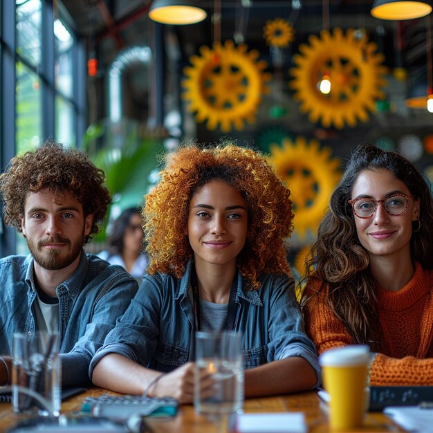 Foto tres personas sentadas en una mesa con girasoles en el fondo