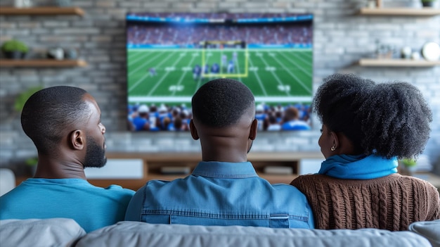 Tres personas sentadas en un sofá viendo un partido de fútbol en la televisión