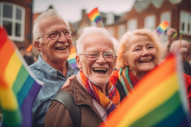 Tres personas sonriendo y sosteniendo banderas del arco iris en un desfile