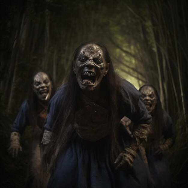 Foto tres personas en trajes están caminando a través de un bosque con zombies generativa ai