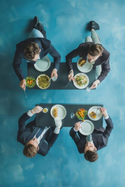 Tres personas con trajes formales sentadas en una mesa con la cabeza hacia abajo expresando frustración o decepción