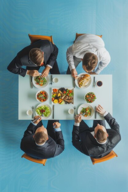 Tres personas con trajes formales sentadas en una mesa con la cabeza hacia abajo expresando frustración o decepción