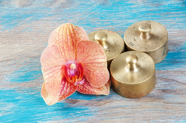 Três pesos de bronze antigos para escalas em fundo azul de madeira. copie o espaço para adereços de fotografia de texto e comida.