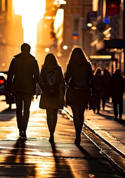 Três pessoas a caminhar ao anoitecer.