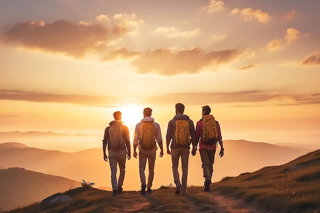 Três pessoas a caminhar numa montanha com o sol a pôr-se atrás delas.