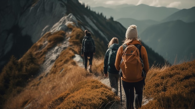 Três pessoas caminhando nas montanhas, uma delas com mochila nas costas.