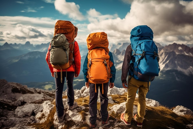 Três pessoas com mochilas em pé em uma imagem ia generativa da montanha