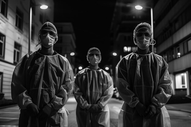 Foto três pessoas com roupas de proteção na rua