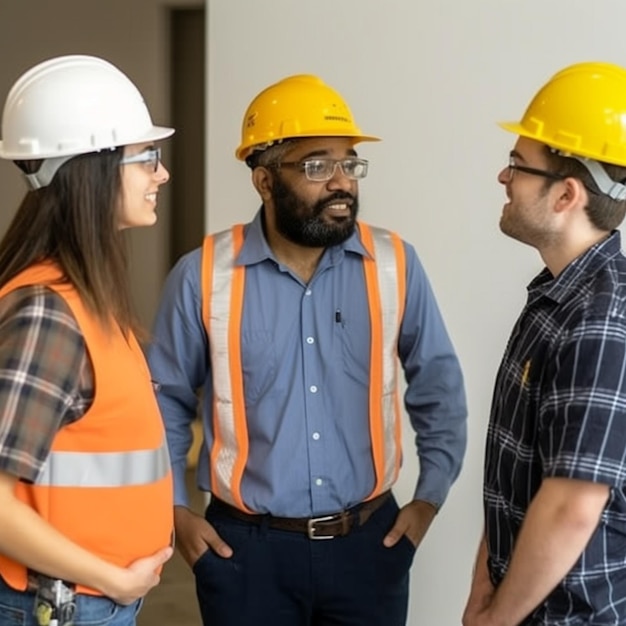 Três pessoas conversando em um prédio com uma usando um capacete amarelo