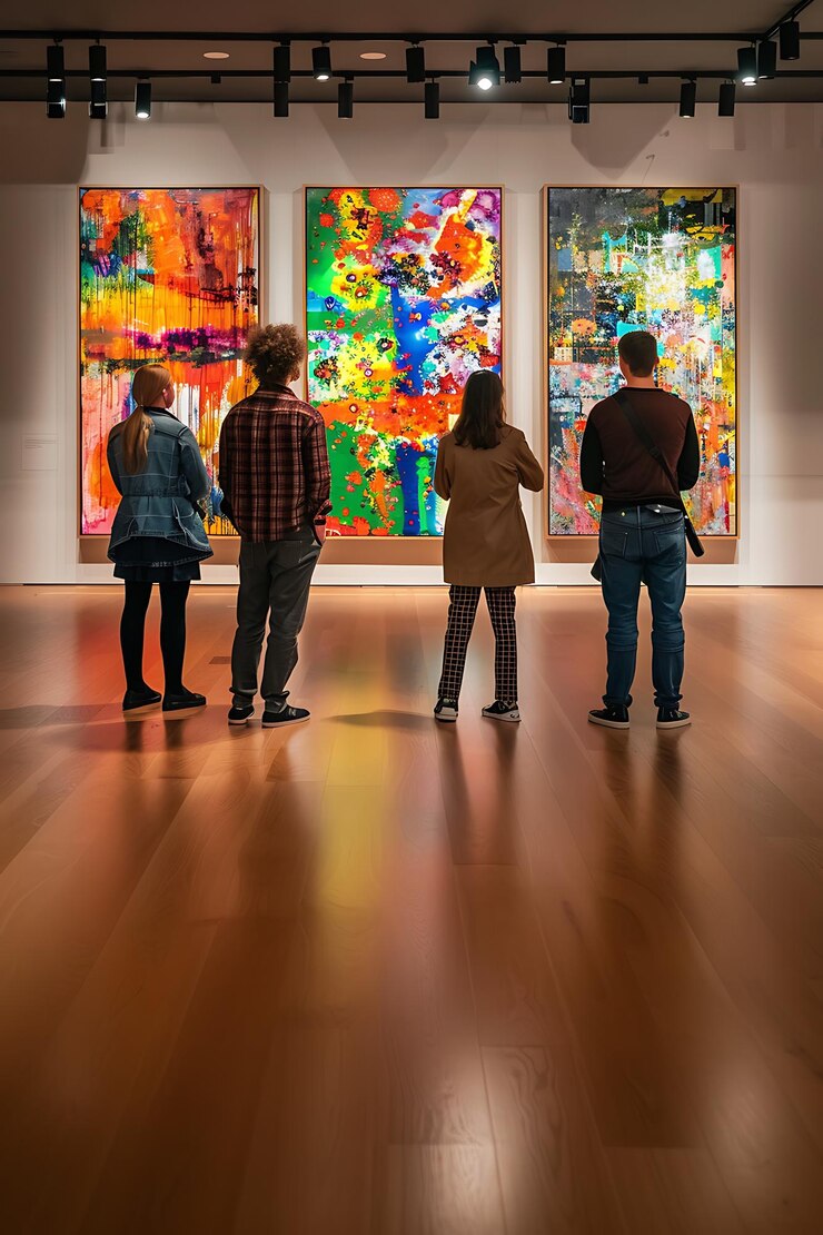 Foto três pessoas de pé na frente de três pinturas em um museu