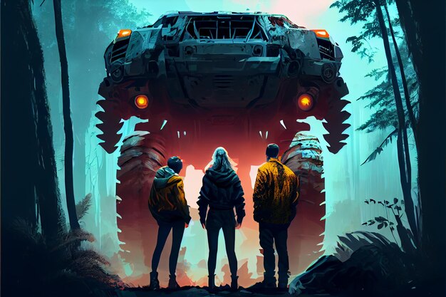 Foto três pessoas em pé olhando para um enorme robô na selva estilo de arte digital