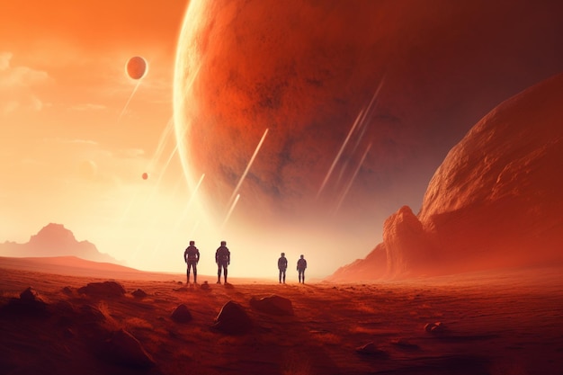 Três pessoas estão em frente a um planeta com o sol ao fundo