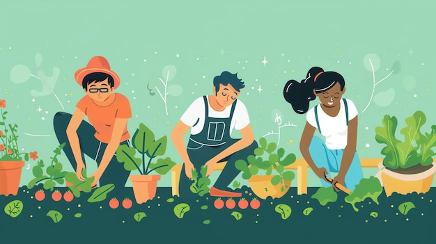 Três pessoas estão jardinagem Eles estão plantando regando e colhendo legumes Eles estão todos sorrindo e parecem estar se divertindo