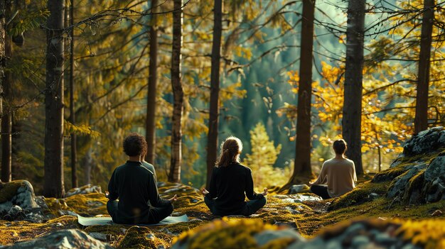 Três pessoas estão meditando em uma bela floresta. Todos estão vestindo roupas confortáveis e estão sentados em posição de pernas cruzadas.