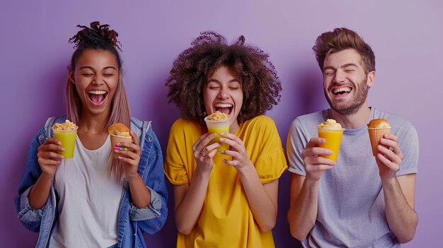 Três pessoas estão rindo e uma tem uma camisa amarela.