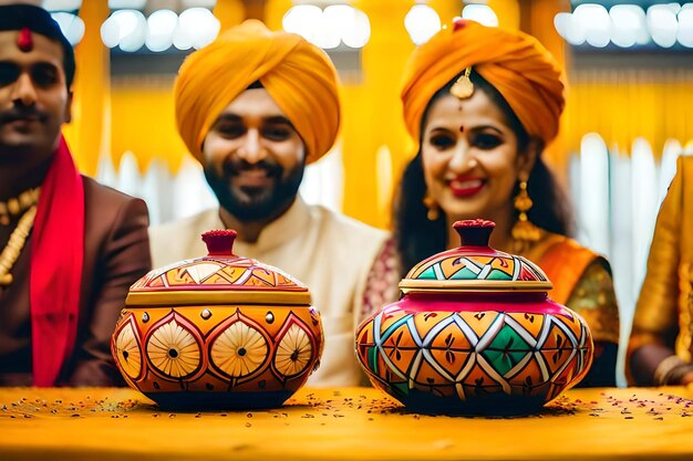 Três pessoas estão sentadas atrás de três vasos com um sendo um homem e o outro tem um turbante nele