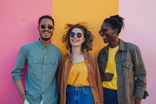 Três pessoas mistas passam tempo juntas, roupas elegantes, sorrindo casualmente, isoladas sobre a parede.