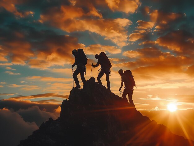 Foto três pessoas numa montanha com o sol atrás delas.