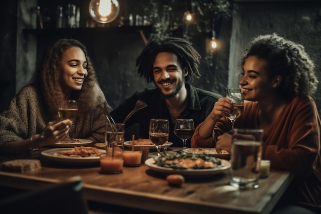 Três pessoas sentadas em uma mesa com comida e bebida