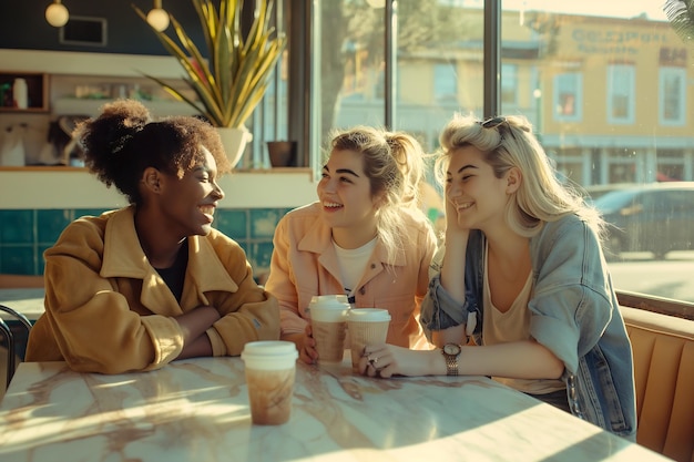 Três pessoas sentadas em uma mesa com copos de café na frente delas
