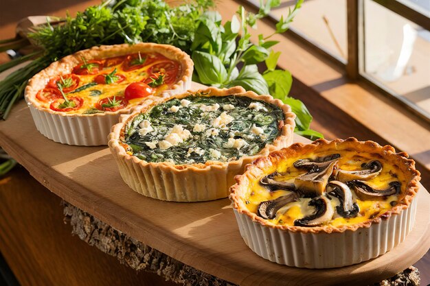 Foto tres piezas diferentes de quiche en una tabla de servicio