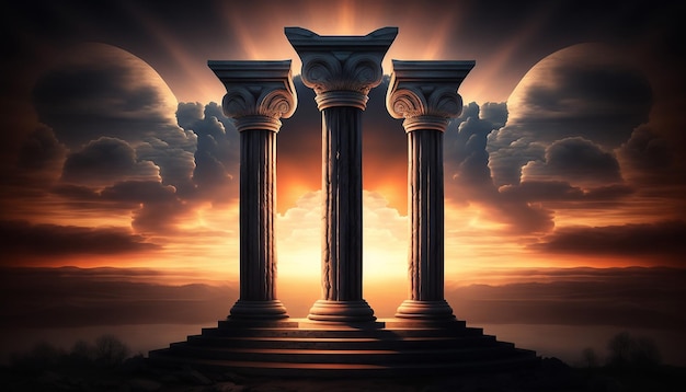Três pilares antigos com fundo do céu pôr do sol Generative AI
