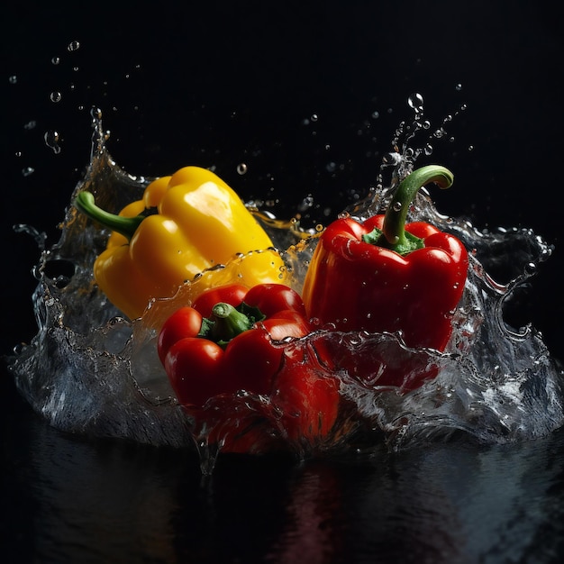 Tres pimientos rojos y amarillos se salpican en el agua.