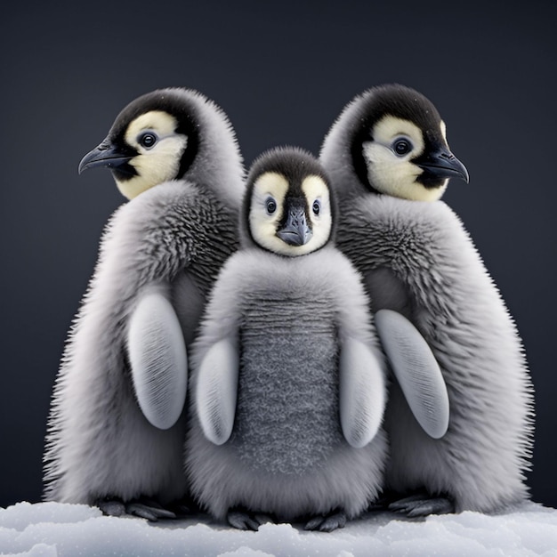 Tres pingüinos están parados uno al lado del otro, uno de los cuales es blanco y negro.