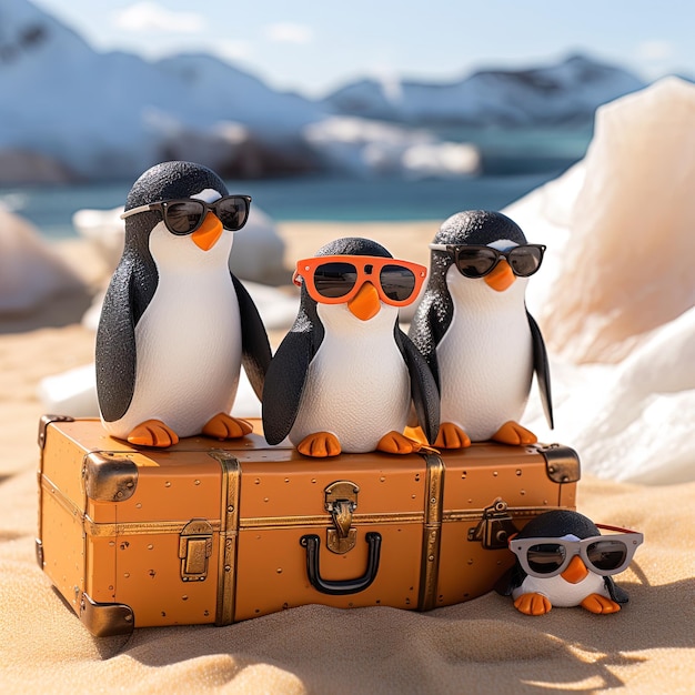 tres pingüinos con gafas de color naranja en la parte superior de una maleta